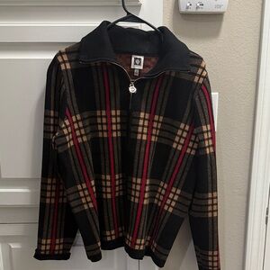 Anne Klein Black and Brown Plaid Zip-Up Sweater